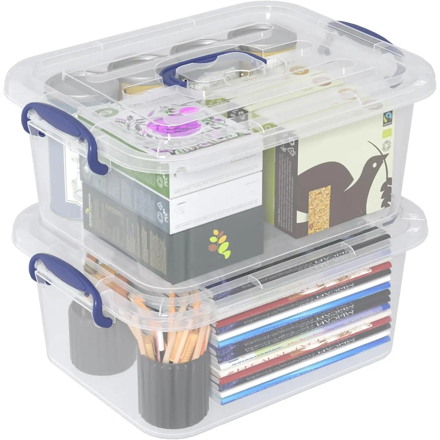 8 Quart Plastic Clear Storage Latching Boxes with Handles, 2 Packs | Plastic Organization Latch Tote Bin with