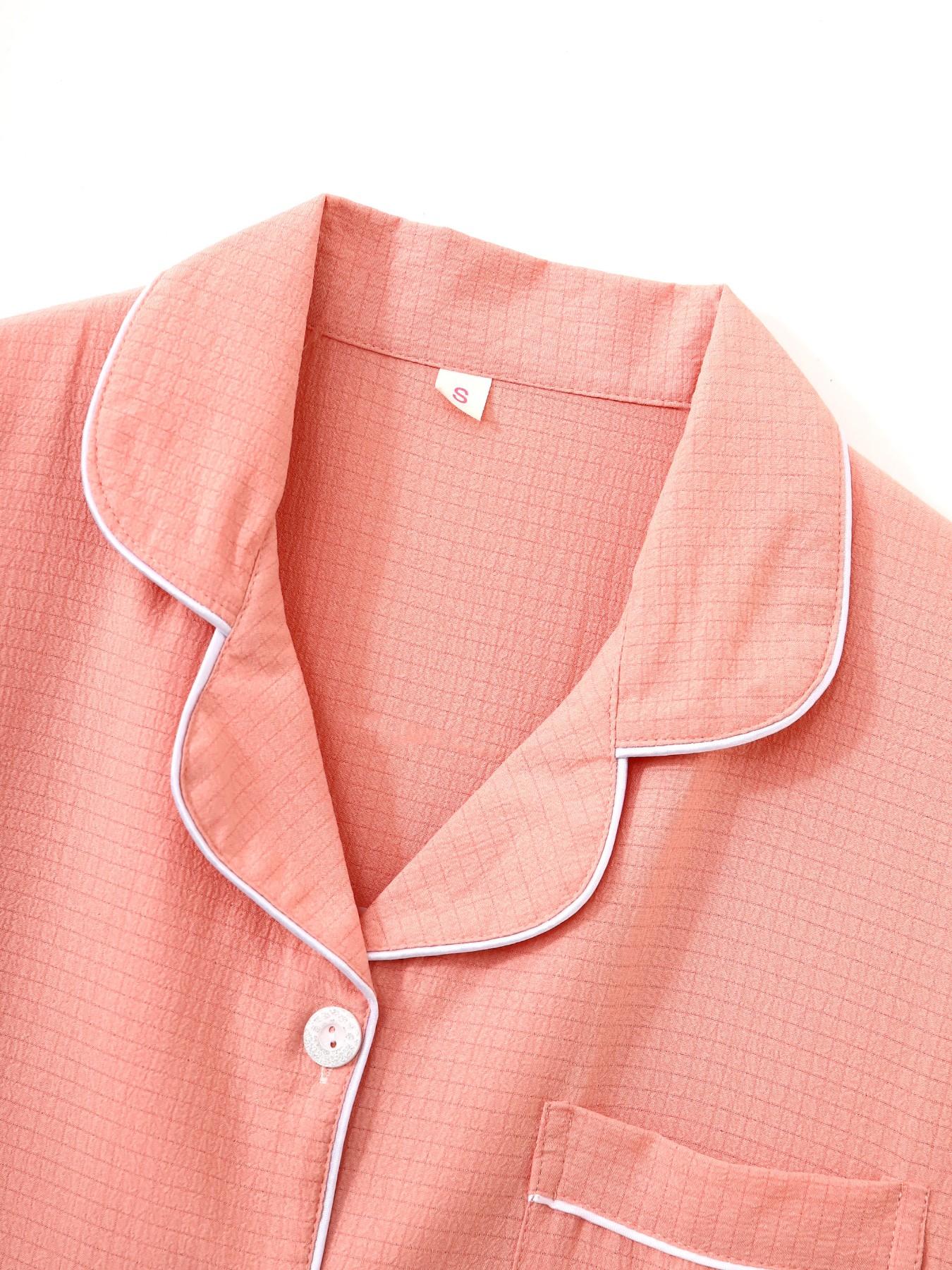 Women's Short Sleeve Button Down Top and Shorts Pajama Set, Spring Summer Wear, For Minimalist Gentle Commuter Girls, Peach Pink With Contrast White Piping, Heart Printing Pocket, Loose Fit, Comfortable For Home & Going Out