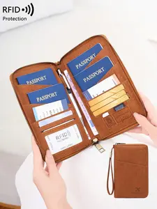 Large family passport holder, RFlD blocking passportbag, can hold 5 passports, travel ticket card documentstorage bag, zipper long passport wallet, detachablewristband, Valentine's Day gift, for wife's girfriend，Christmas Gift,Ideal Gift