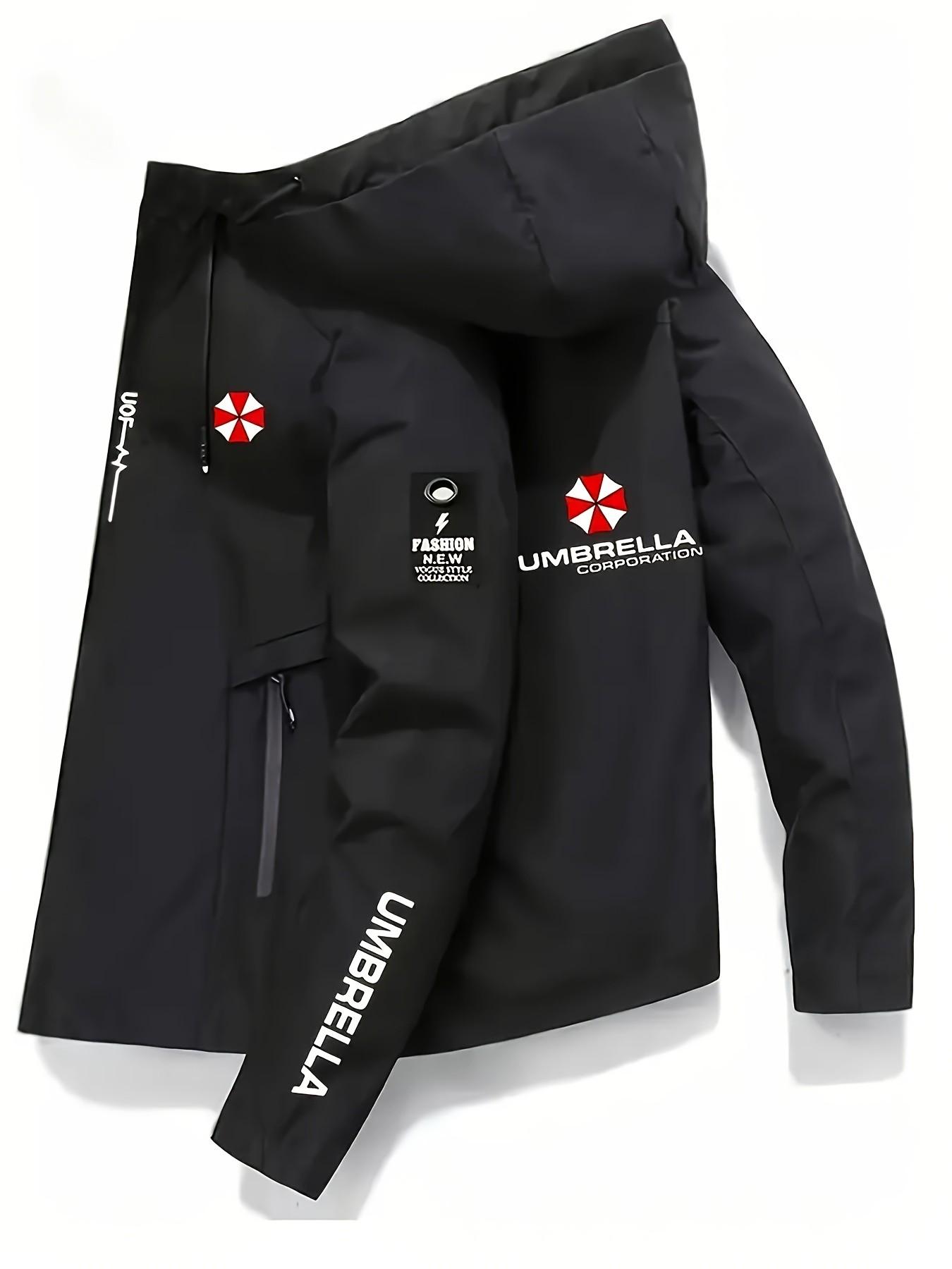 Custom Umbrella Corporation Hooded Jacket, Neon Line Military Function Windbreaker, Reflective, Long Sleeve, Casual Fitted Geometric Pattern, All Seasons