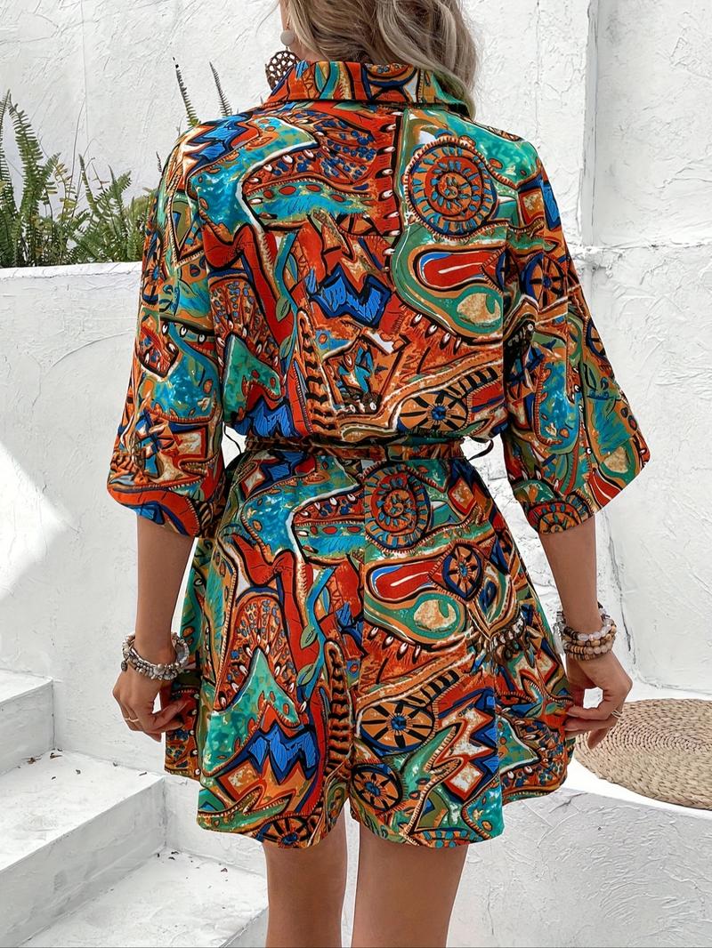 Women's All Over Print Button Front Belted Shirt Romper, Casual Batwing Sleeve Collared Playsuit for Summer, Women's Clothes for Daily Wear