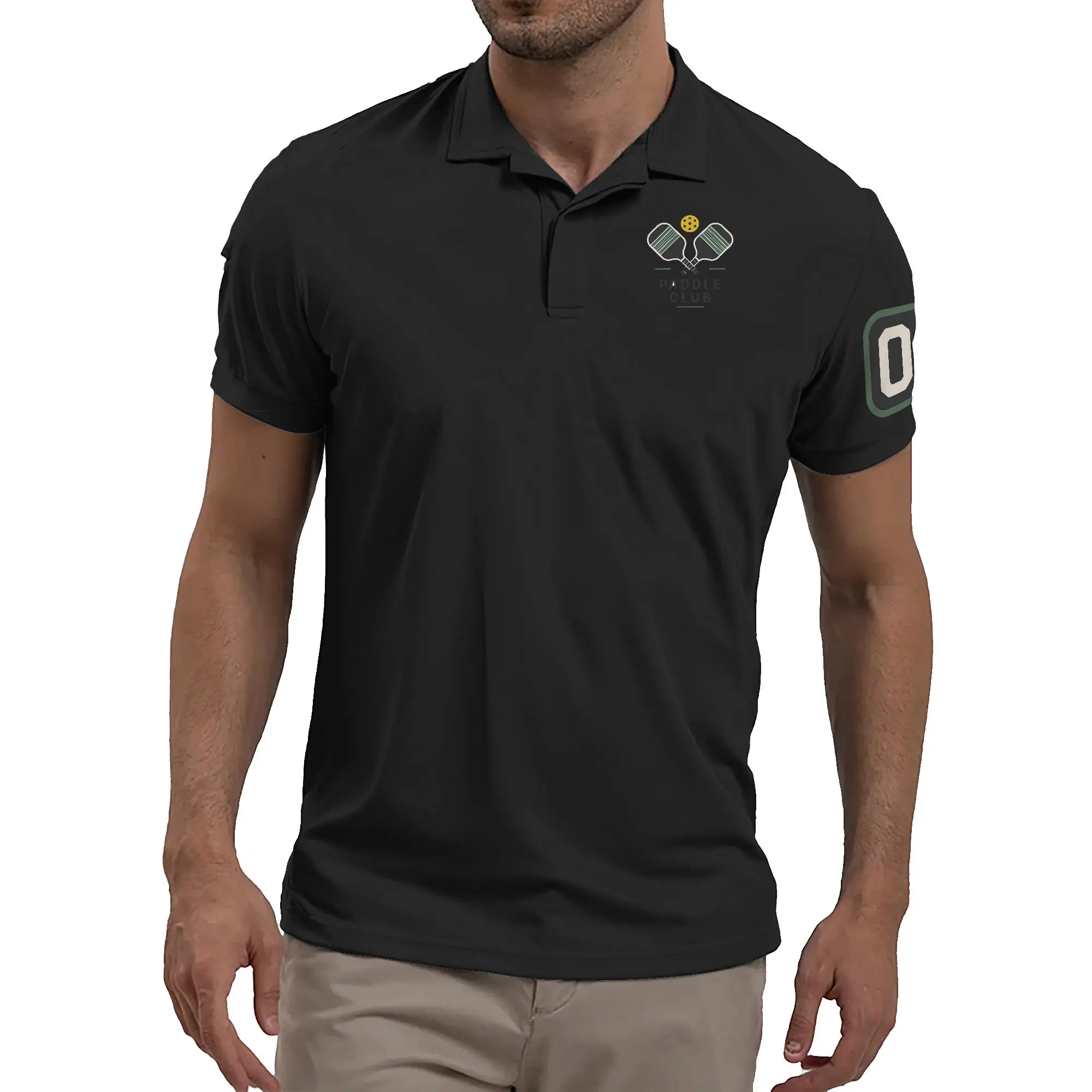 Men’s Short Sleeve Collared Polo Shirt, Paddle Club Chest Badge and Large Back "Serve Easy" Pickleball Court Paddle Graphic Print, Athletic Sport Top for Pickleball Enthusiasts casual party