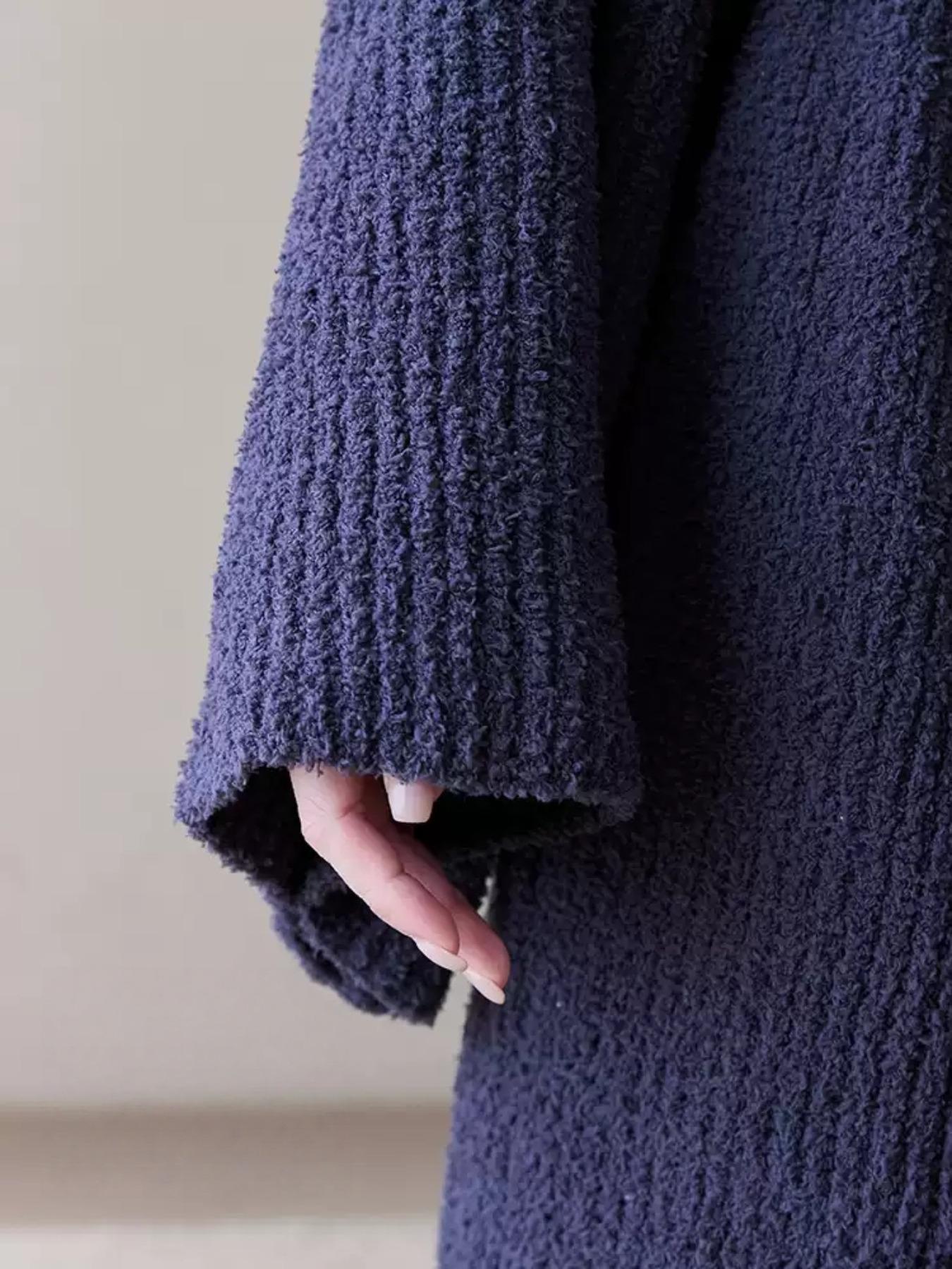 【COZY Soft Plush Feel】Women's Solid Color Thickened  Thermal Lined Long Sleeve Drop Shoulder Bathrobe, Oversize Loose Casual Soft Comfortable Thermal Warm Pocket Belted V Neck Dressing Gown for Women, Ladies Sleepwear for Winter