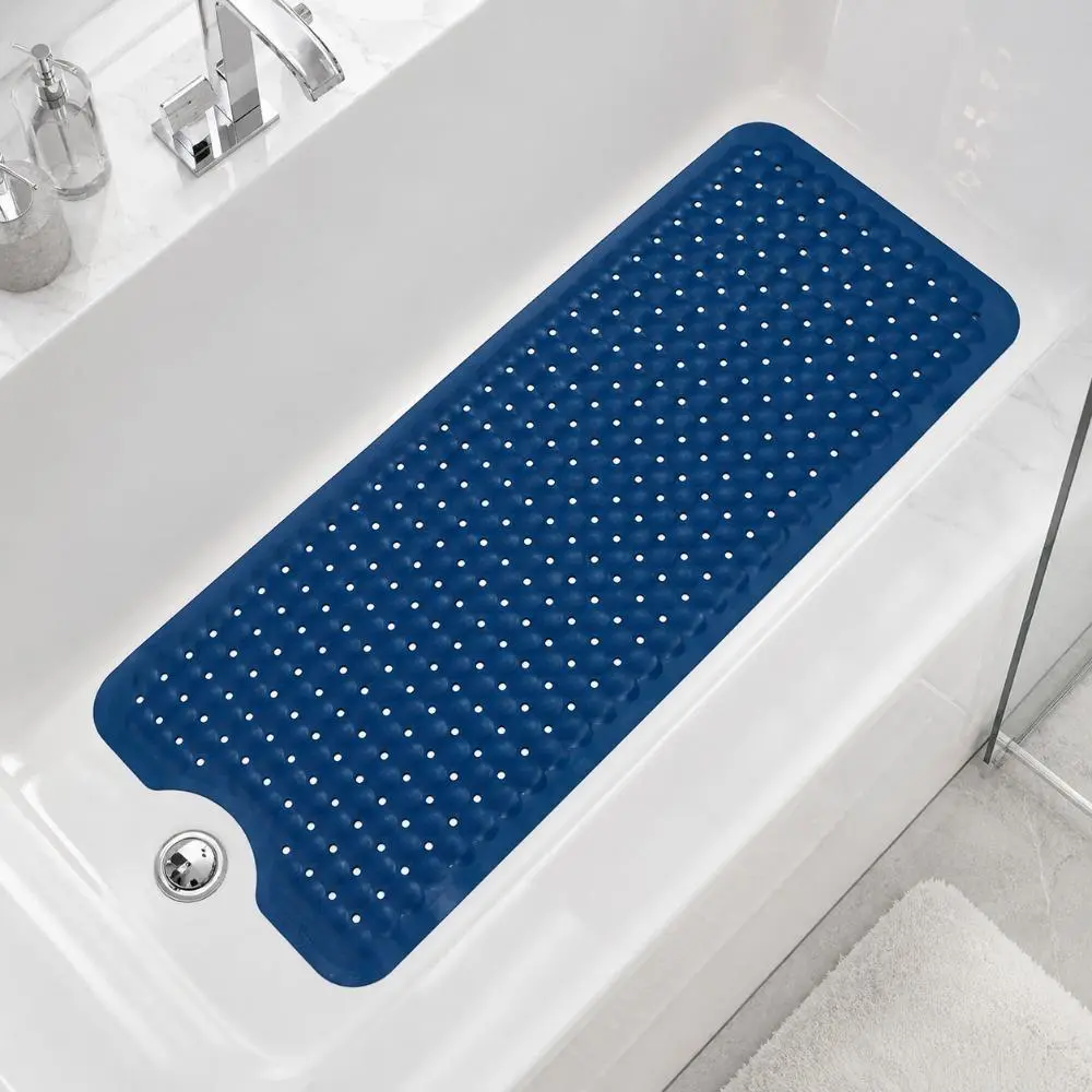 Shower Floor Mat 40x16 Inch,Non Slip Bath Mat With Firm Suction Cups,Extra Large Machine Washable Bathtub Rug,Drain Holes Keep Tub Clean,Waterproof Mold Resistant Rubber PVC Mat,Blue Black Transparent Light Gray,Home Essentials For All Ages Family