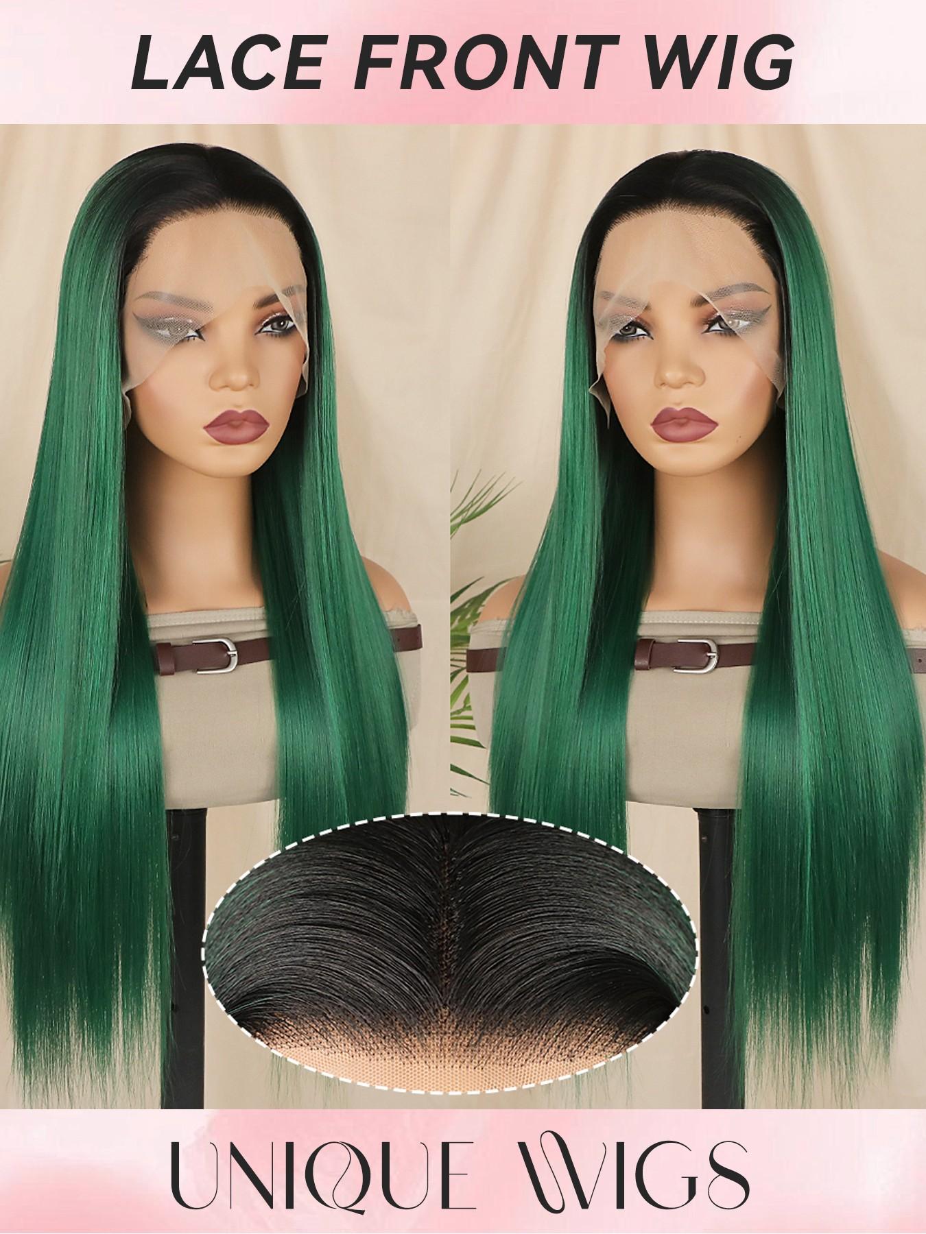Dark Roots Ombre Long Straight Synthetic Wig, Heat Resistant, 28 Inch, 180% Density, Glueless, Pre-Plucked Hairline, Ready to Wear, Synthetic Hair Wigs