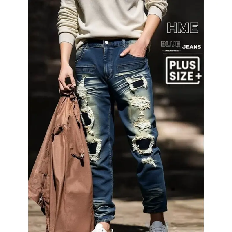 Men's S148 Plus-Size Heavy Denim Patched Full-Length High Street Fashion Oversized Trousers