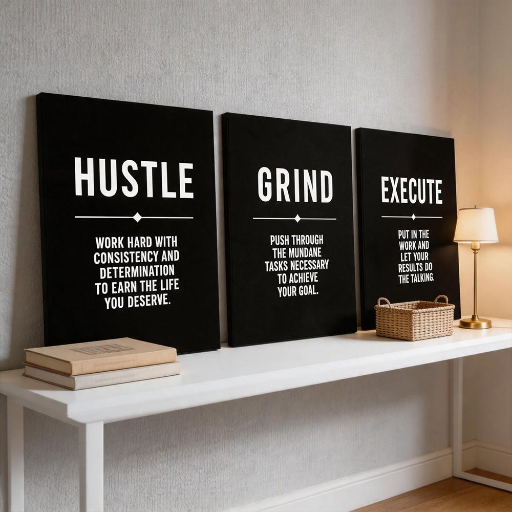 3-Panel Wooden-Framed Canvas Wall Art, Black Background Hustle Grind Execute Motivational Text Print, HD Canvas Prints, Inspirational Wall Decor For Office & Workspace, Modern Home Art, Ideal Entrepreneur Gift