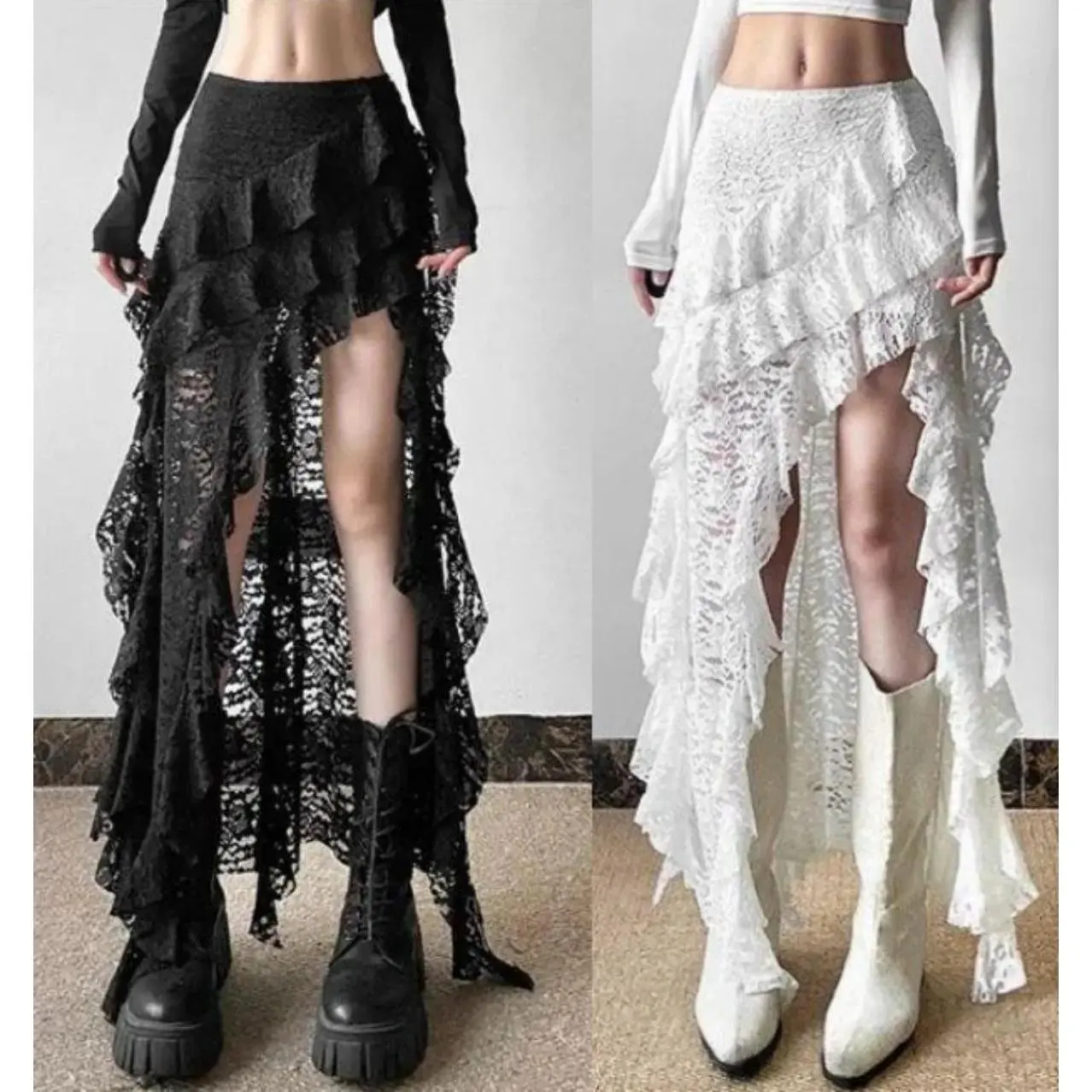 Tassels Women Skirts Irregular Hem Multi-Layered Ruffles Lace Ruffles Patchwork Sweet Skirts Sexy High Waist Y2k Party Clubwear