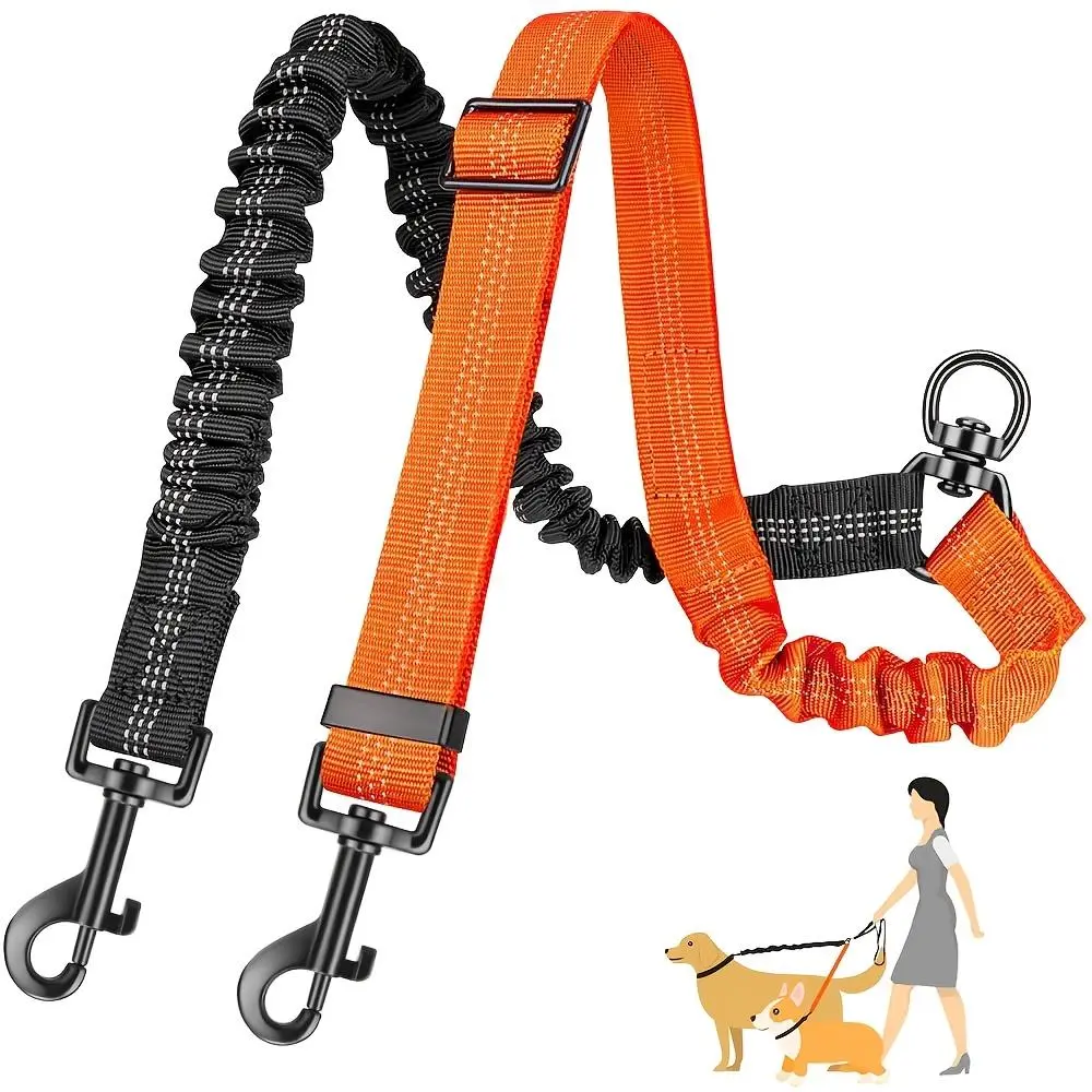 2-in-1 Dual Dog Walking Leash, Anti-Tangle Splitter with Shock Absorbing Elastic Bungee, Adjustable Crossbody Shoulder Strap, Dual Pet Training Lead for Two Dogs