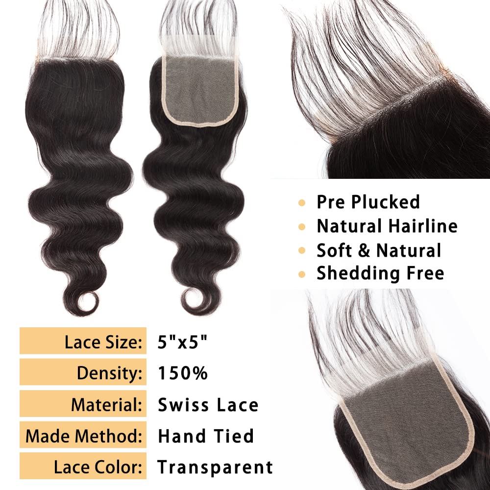 VIPbeauty 12A Body Wave 3 Bundles with 5×5 HD Lace Closure 100% Unprocessed Brazilian Virgin Body Wave Human Hair Wave Bundles with Closure Natural Color