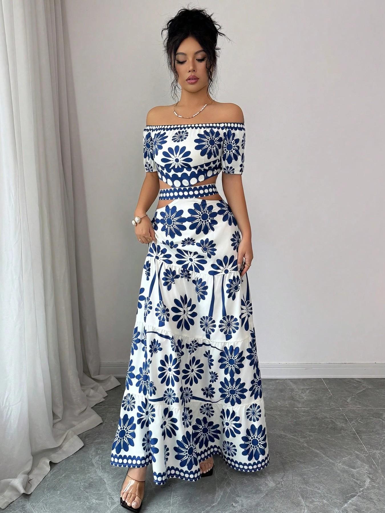 Women's Floral Off-Shoulder Short Sleeve Hollow Out Waist Fashion Chic Dress, Tropical Vacation Women's Dress, Long Dress for Summer