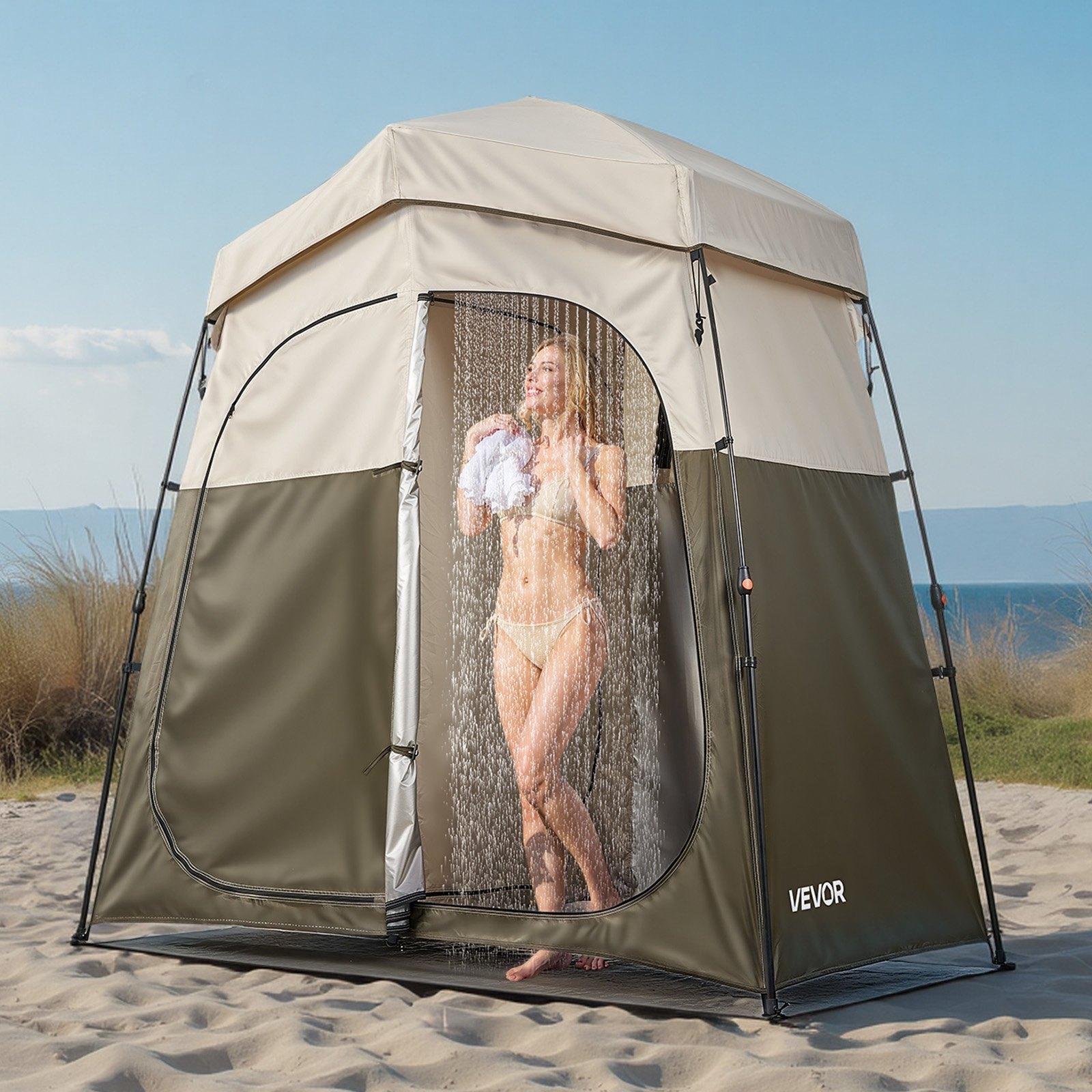 fathersdaygift  VEVOR Camping Shower Tent, 2-Room Foldable Portable Privacy Tent Changing Room with Ground Stakes, Ropes, and Carry Bag, 150D Oxford Fabric with Silver Coating, for Camping, Beach, and Fishing