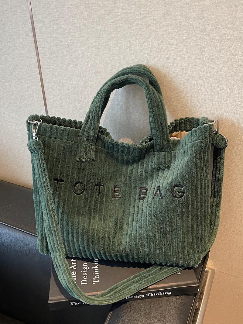 Large Capacity Corduroy Letter Design Handbag, Handbag Shoulder Purse, Casual Fashion Shoulder Bag, Work & Daily Use, Stylish Tote Bag for Fall & Winter