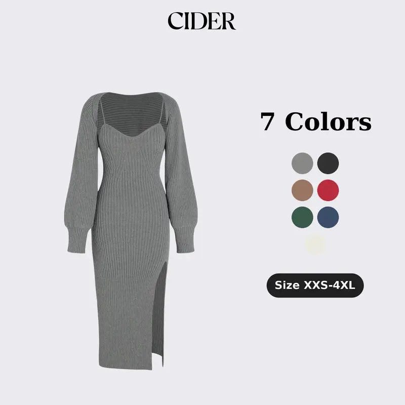 Cider Knit Solid Cami Split Midi Dress & Shrug