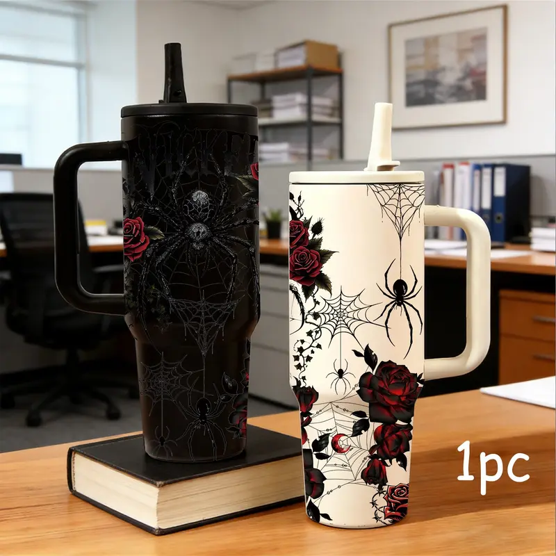 1‑Piece 40oz Insulated Mug, Double Wall Leak‑Proof Large Handle Thermal Cup, Keeps Hot 12 Hours and Cold 24 Hours, Dark Gothic Print Gift for Women and Men, Halloween Holiday, Office Travel Daily Use, Drinkware