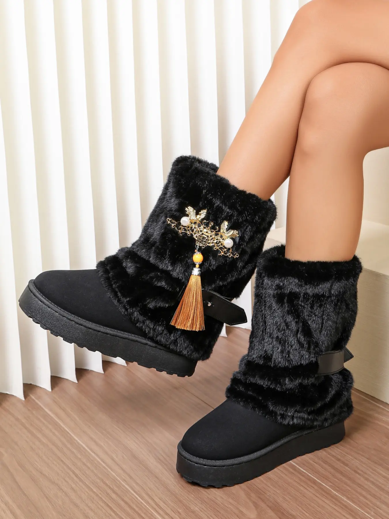 New Traditional Fringe Snow Boots for Women, Fall Winter Faux Fur Trim Short Boot, Thick Sole Anti-Slip, Hanfu Fashion Warm Shoes