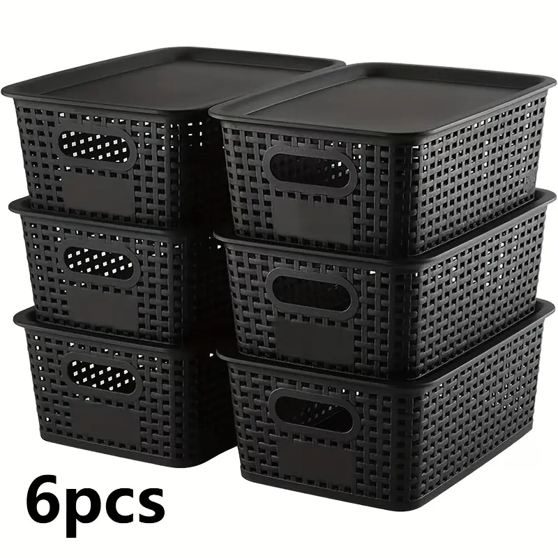 6-Piece Set of Plastic Storage Baskets with Lids (Black/White/Gray) — Stackable Decorative Organizer Bins for Shelves, Drawers, Desktops, Closets, Playrooms, Classrooms, and Offices