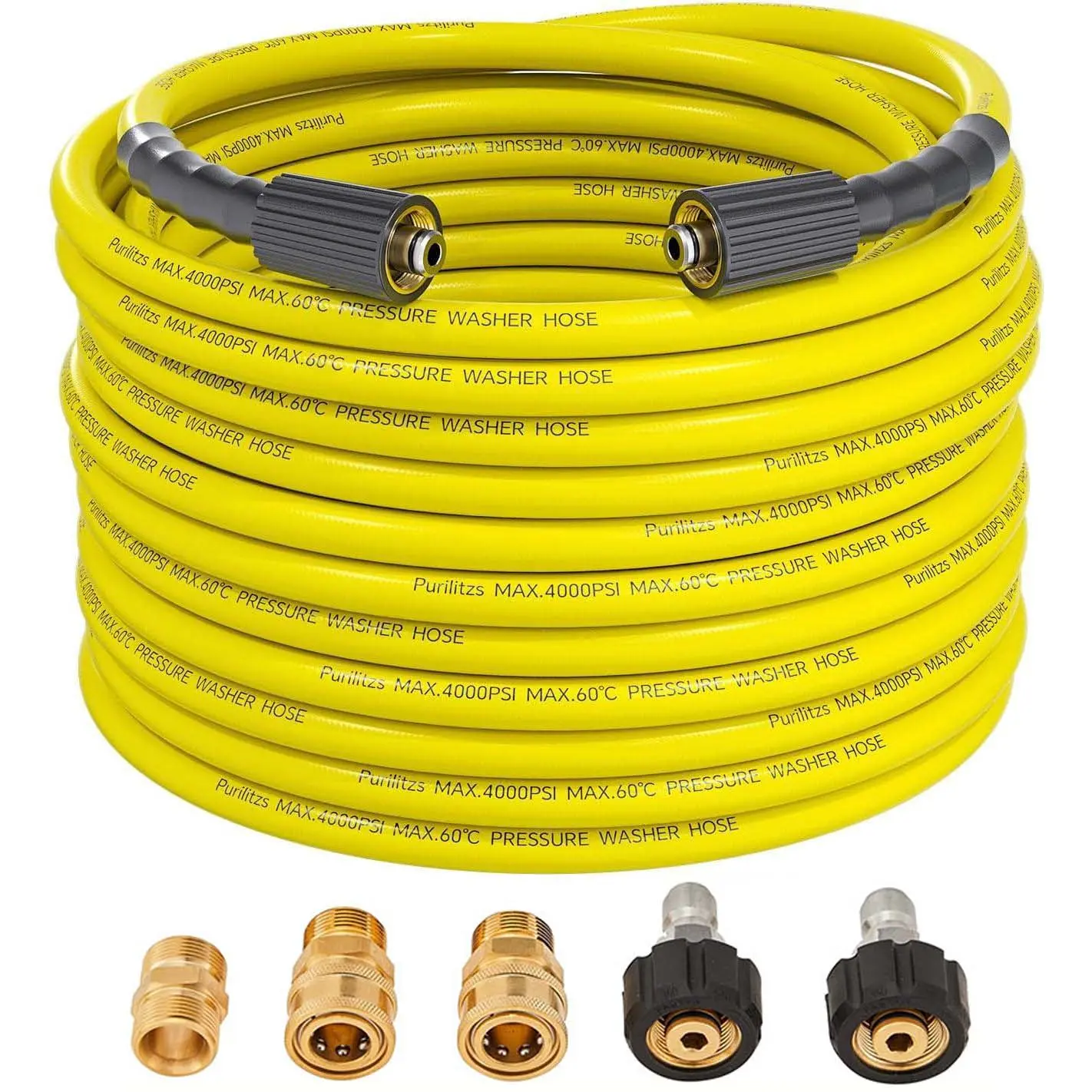 Outdoor High-Pressure Washer Hose Kit, 50ft Length Kink-Resistant Replacement Hose (3200PSI, 1/4in) with Universal M22-14/15 Fittings & Leak-Free M22 to 3/8 Quick Connect Adapters, Yellow, Universal Fitting