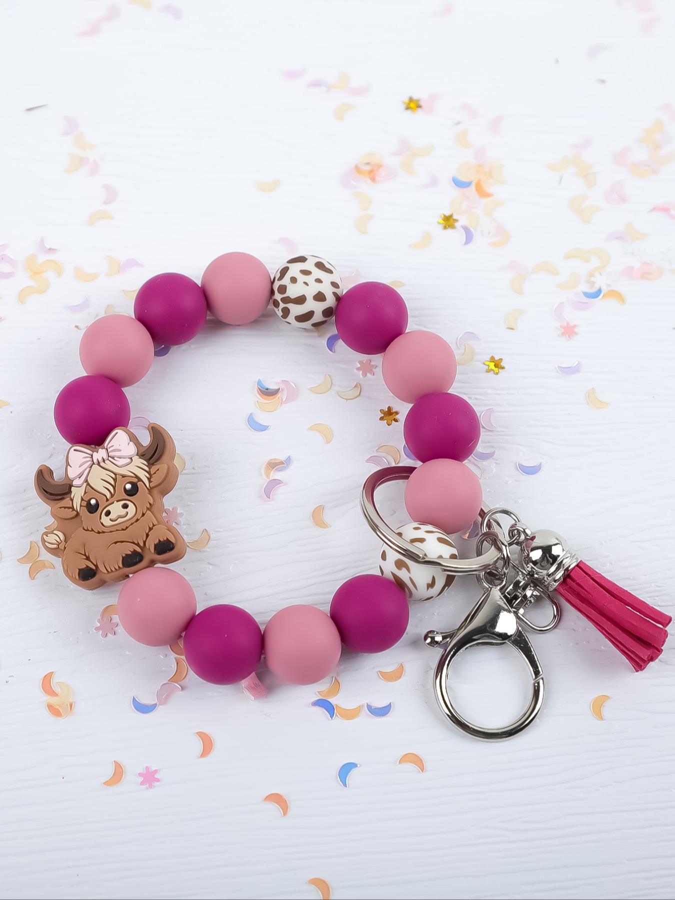 Cute Farm Style Beaded Wrist Keychain, Multiple Colors Available, Spot Pattern Beads with Bow Cow Design, Perfect Gift for Friends & Family
