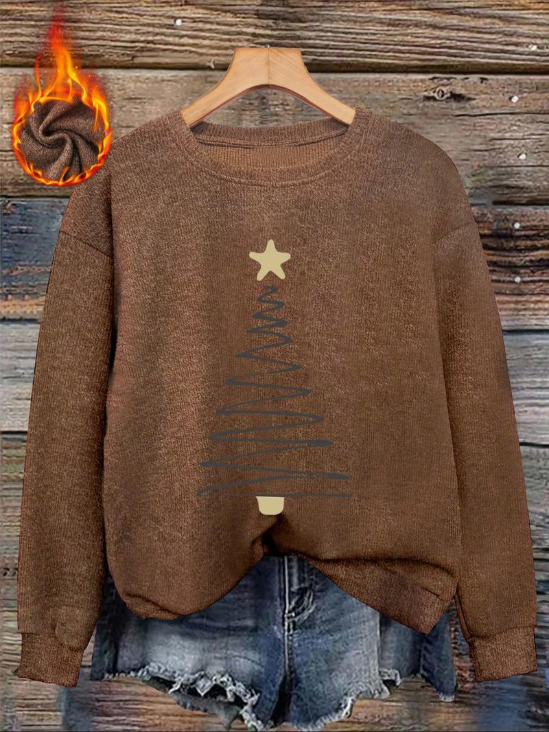 [Autumn and Winter] Women's casual and fashionable round neck faux sweater tops, women's Halloween round neck faux sweater tops, Christmas line Christmas tree print comfortable round neck faux sweater tops