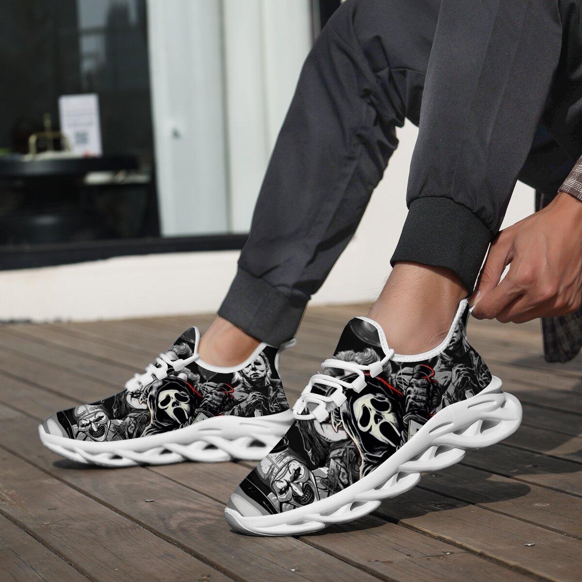 Halloween Dark Horror Mask Character Art Blade Sneakers Man Woman Hollow Wave Cushion Sole Mesh Running Shoes Monochrome Thriller Figure Collage Print Gothic Halloween Punk Casual Athletic Trainers For Men Women