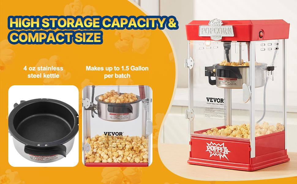 VEVOR Popcorn Maker, 480W Popcorn Popper Machine, 4 Oz Kettle Makes 1.5 Gallon per Batch, Tabletop Popcorn Maker, Includes 3 Scoops, Movie Theater Style, Red