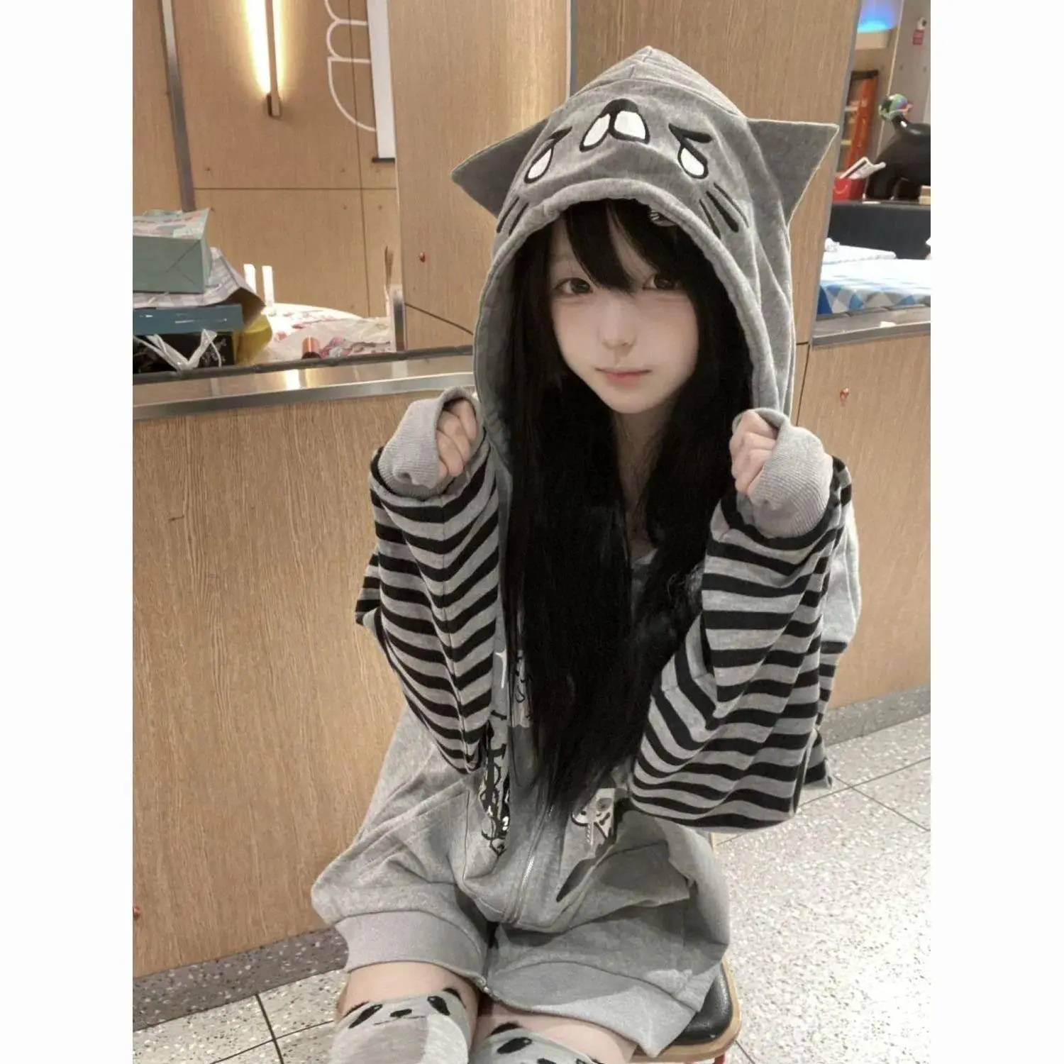 Japanese Kawaii Cat Ears Long Sleeve Hoodie Women Sweet Casual Striped Sweatshirt Zipper Cartoon Embroidery 2025 Autumn