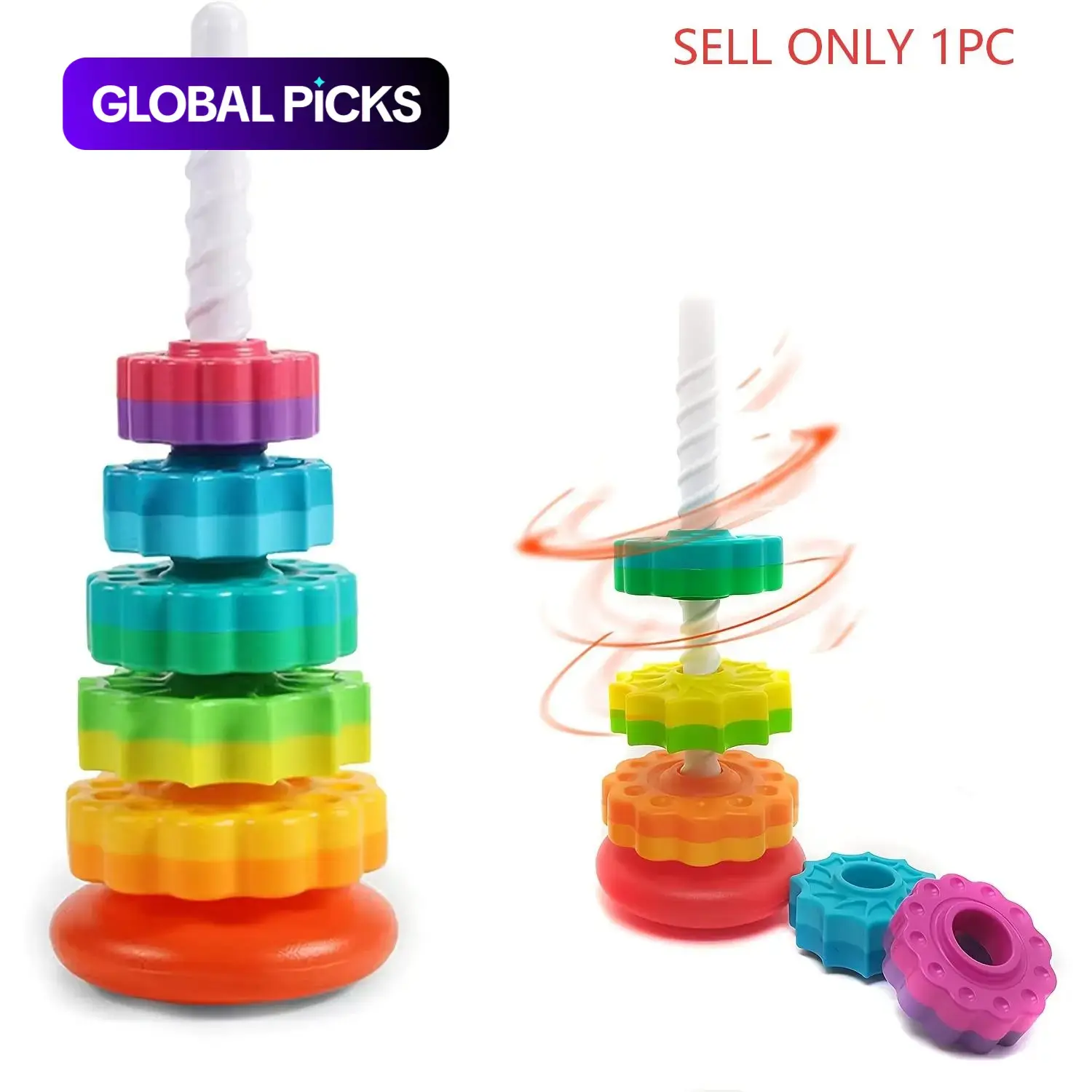 Rainbow Rotating Tower Toy, Colorful Wooden Stacking Sensory Toy, Interactive Jenga Game, Stacked Puzzle, Rainbow Tower Blocks Toy for Kids #GLOBAL PICKS