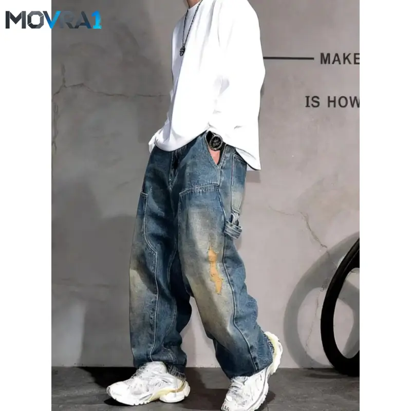 MOVRA1 Men's Y2K Medium Wash Jeans, Trendy Streetwear Vintage Distressed Style Patchwork Ripped Mid Waist Straight Leg Pants, Loose Fit Casual Slimming Style, All Seasons