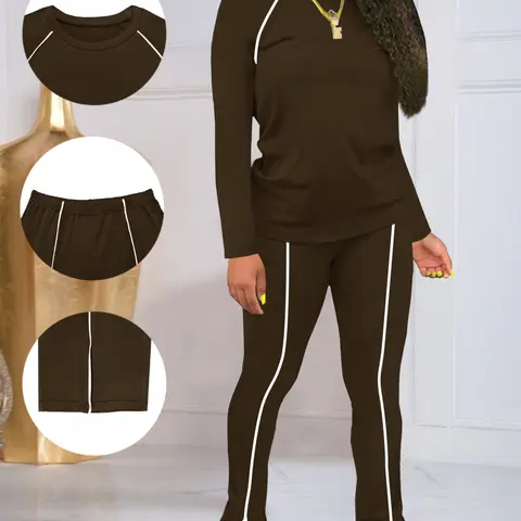 Women's Fashion New Basic Round Neck Solid Color Patch Long Sleeve Fitted Top & Pants Set, Two-Piece Matching Outfit for Casual Wear, Two Pieces Sets
