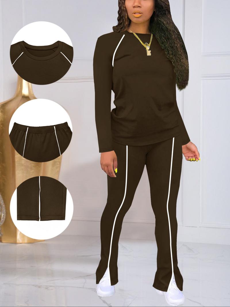 Women's Fashion New Round Neck Solid Color Patch Long Sleeve Top & Pants Set, Two-Piece for Casual Wear