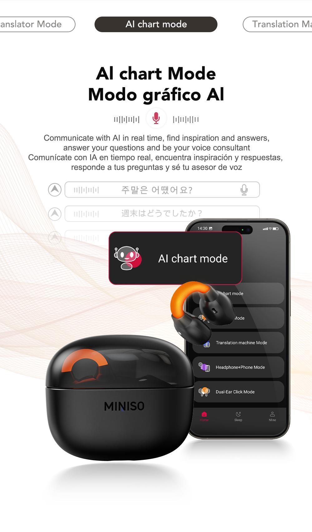 MINISO MS191 Wireless Bluetooth AI Language Translator Earbuds OWS Translation Headphones Support 134 Languages Accents Travel Translation Devices Smart Headsets