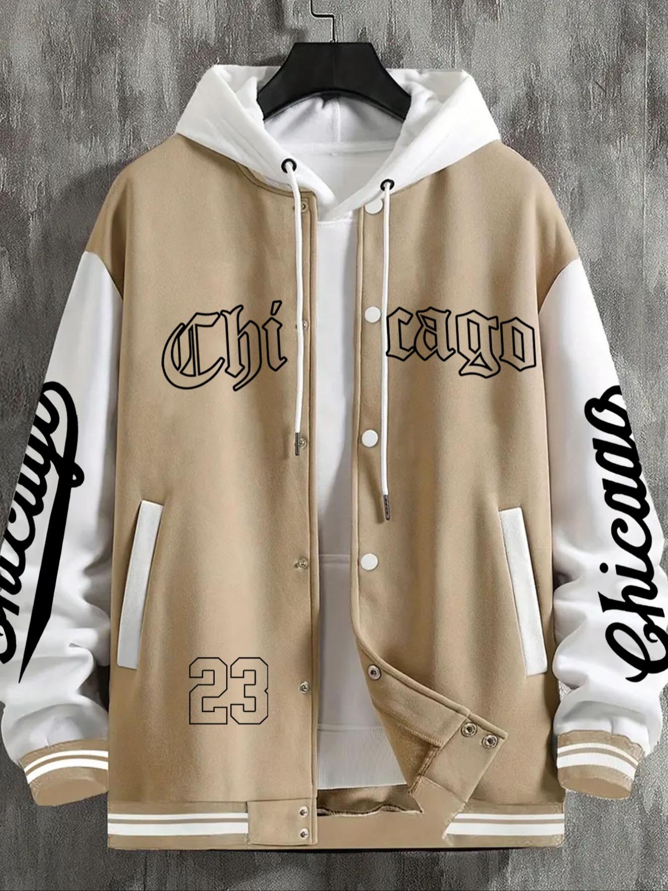 Men's Casual Letter Print Baseball Jacket, Chicago-23 Design, Fitted H-Type, Geometric Pattern, All Seasons Wear, Versatile Net Version