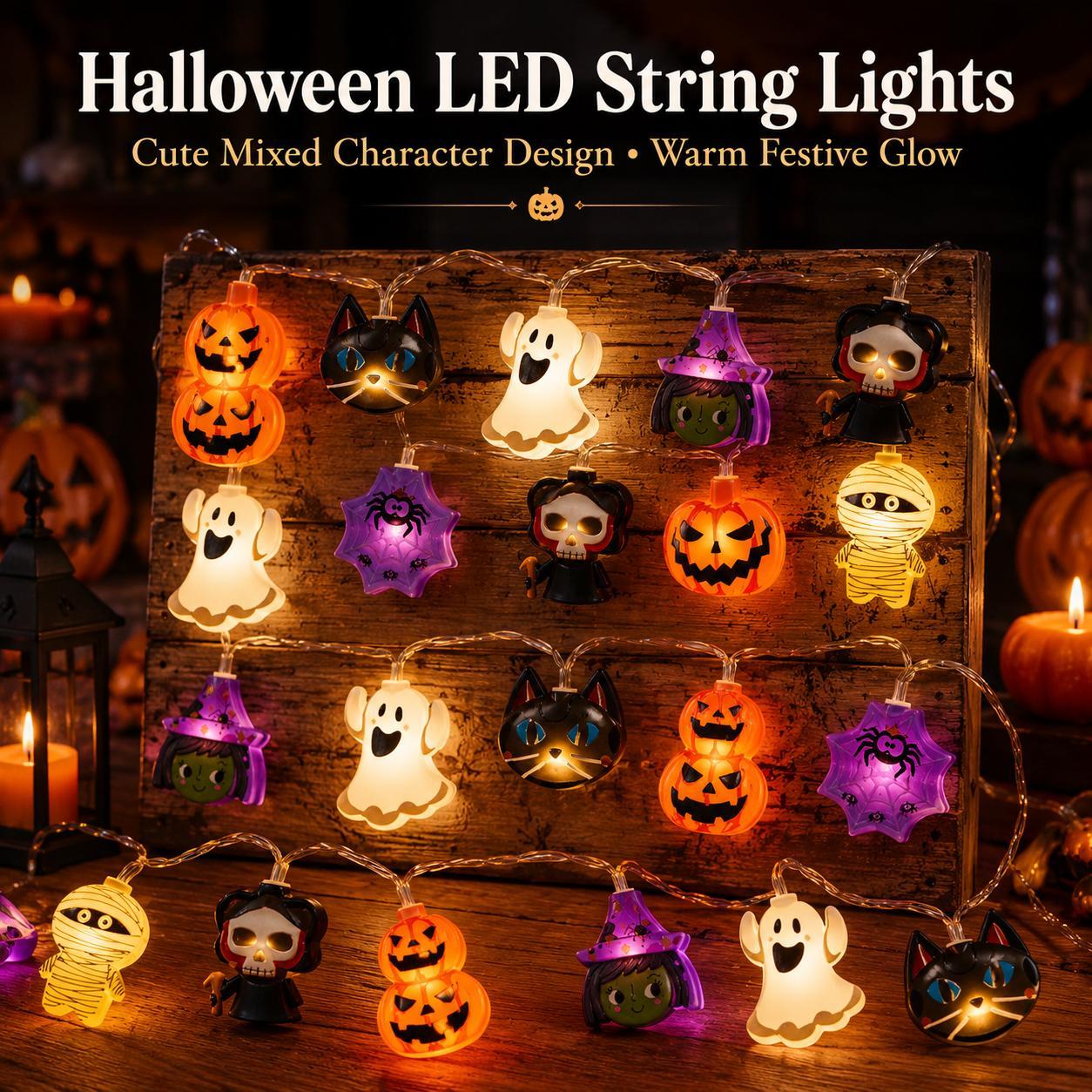 Close view of glowing Halloween pumpkin ghost cat witch and mummy lights
