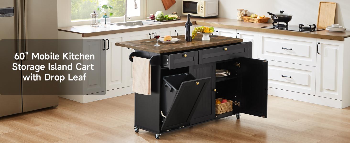 【BackToSchool】ONBRILL 60" Kitchen Island with Power Outlet & Drop Leaf, Kitchen Rolling Island with Spice Rack & Towel Rack, Knife Holder, Kitchen Island Cart with Trash Storage Cabinet, Mobile Island Table for Kitchen