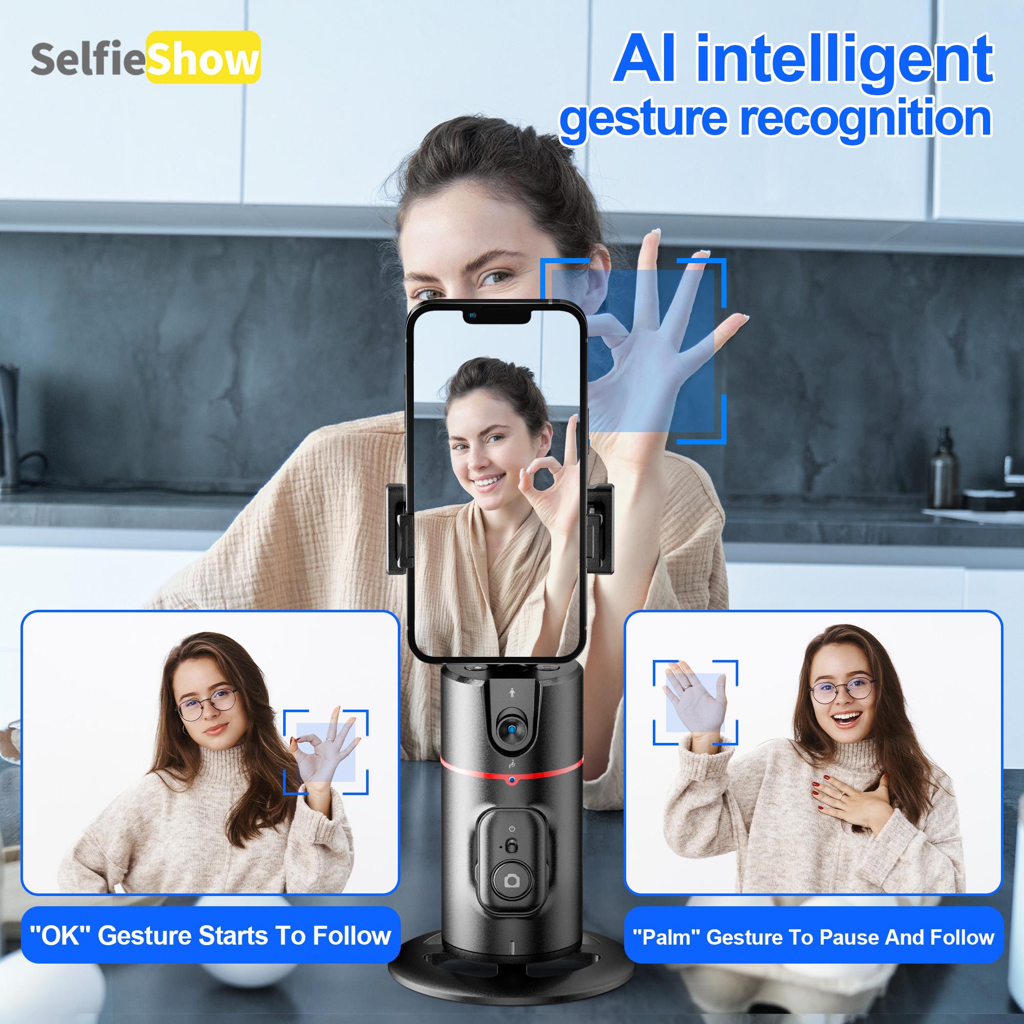 SELFIESHOW 360-Degree Intelligent Face Tracking Gimbal, Smart Gesture Recognition Selfie Stick with Tripod & Fill Light, Selfie Accessories for iOS & Android, Phone