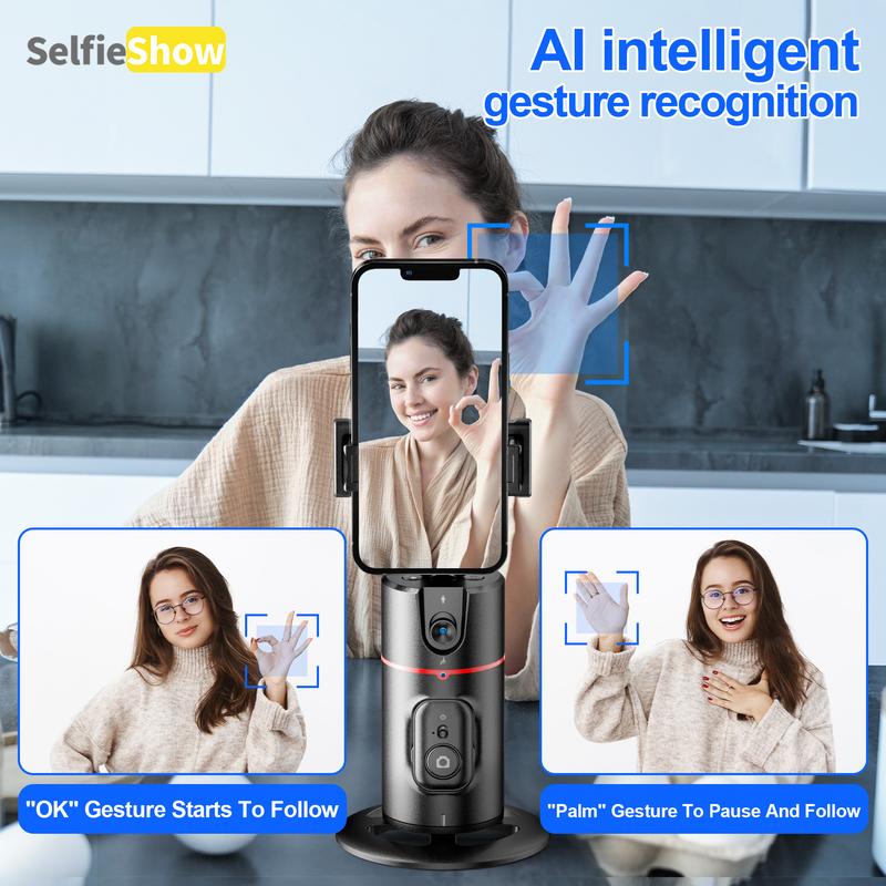 SELFIESHOW 360-Degree Intelligent Face Tracking Gimbal, Smart Gesture Recognition Selfie Stick with Tripod & Fill Light, Selfie Accessories for iOS & Android, Phone