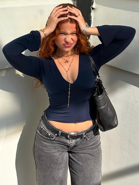 Women's Fashion Casual Solid Color Deep V Neck Flounce Sleeve T-Shirt Top, Comfortable Spring & Fall Wear, Versatile Ladies' Clothing