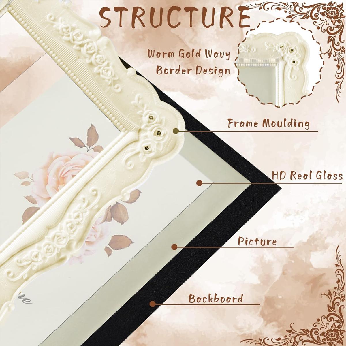 8 Inch Vintage Picture Frame with Rose Flower Design, Vintage Frames for Tabletop or Wall Display, Elegant Design with a black velvet backing, Horizontally or Vertically Use, Photo Frame for Home Decor Wedding