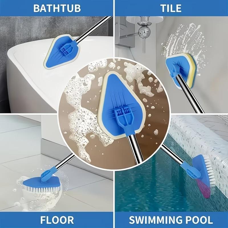 34" Extendable Tub & Tile Scrub Brush Set, 2-In-1 Shower Cleaner, Stainless Steel Handle, 3 Sponge Heads, Non-Scratch Cleaning Tool