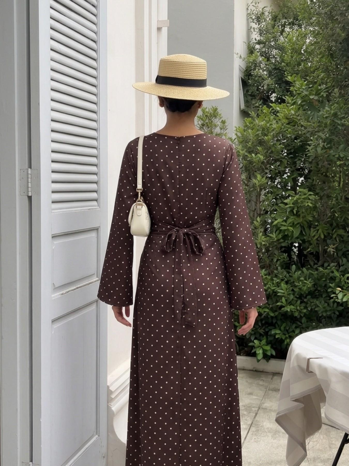 Elegant Casual Drawstring Polka Dot Long Sleeves Abaya Long Dress, Perfect for Parties, Holidays, Ramadan, Valentine's Day, Dates, Various