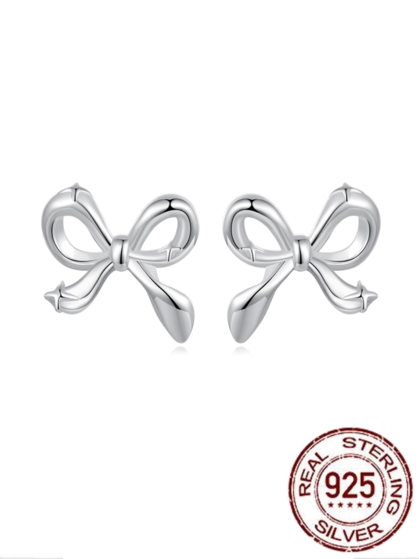 925 Sterling Silver Cute Bowknot Design Earrings, Stud Earrings, Fashionable Earrings for Women & Girls, Trendy All-match & Exquisite Jewelry for Birthday Gift