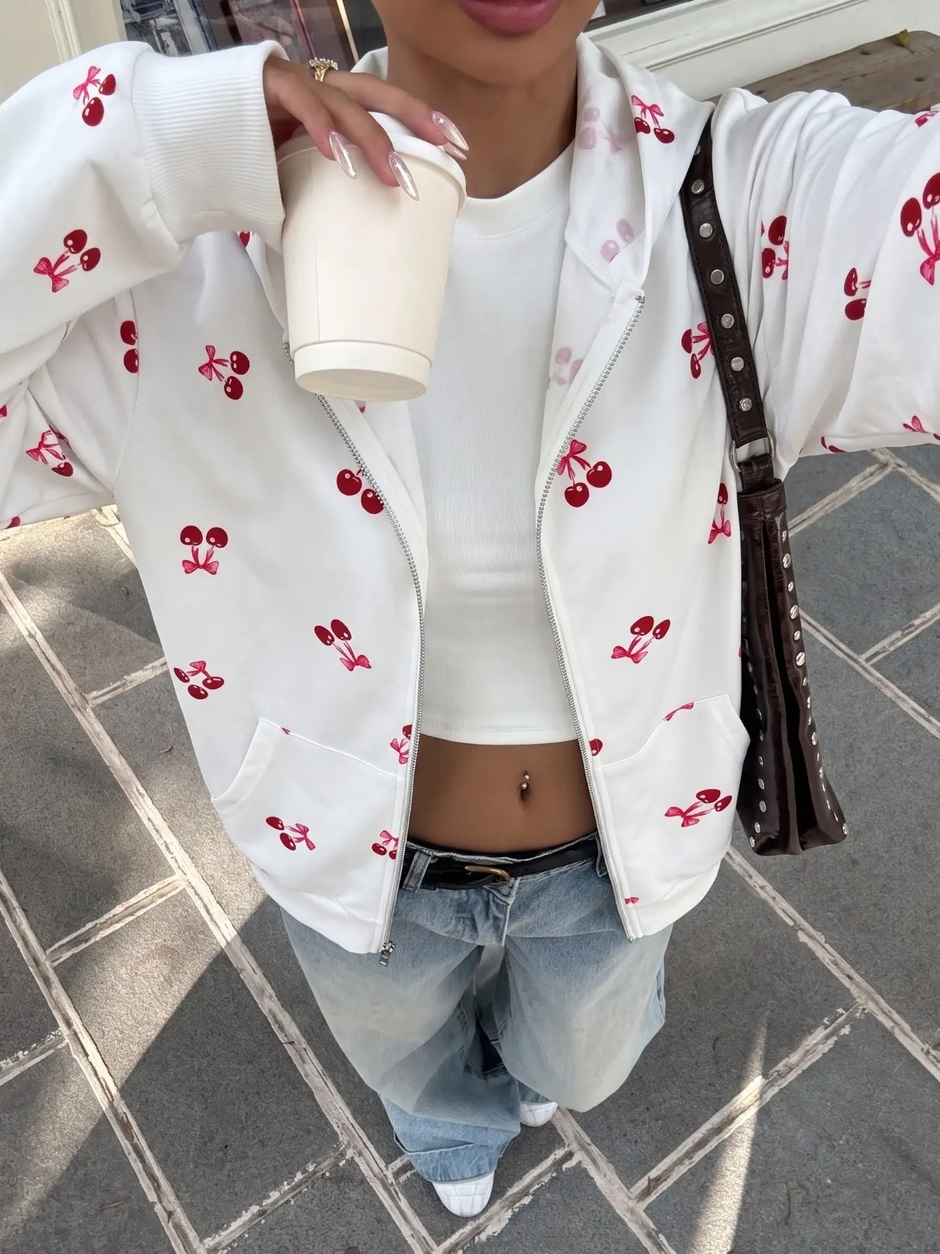 Women Cherry Bow Print Zip Up Hooded Oversized Jacket #ZipUpHoodie #CherryPrint #OversizedHoodie #WomensJacket #CoquetteStyle #BowPrint #OOTD #TikTokFashion