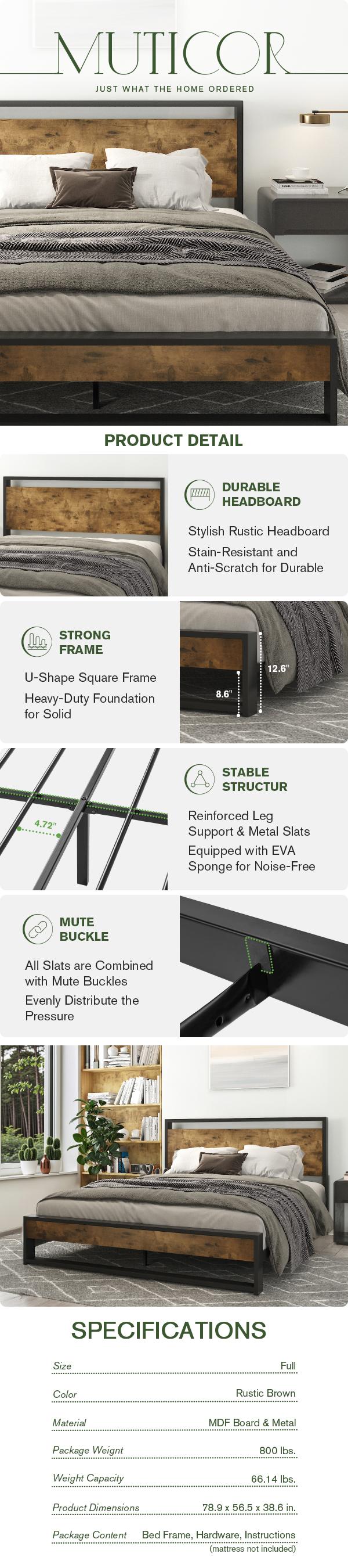 MUTICOR Bed Frame with Wood Headboard, Modern Rustic Style Platform Bed Frame【Frame Only No Mattress】Heavy Duty Strong Metal Slats Support,No Box Spring Needed,Brown#TikTokShopBlackFriday #ChristmasGifts