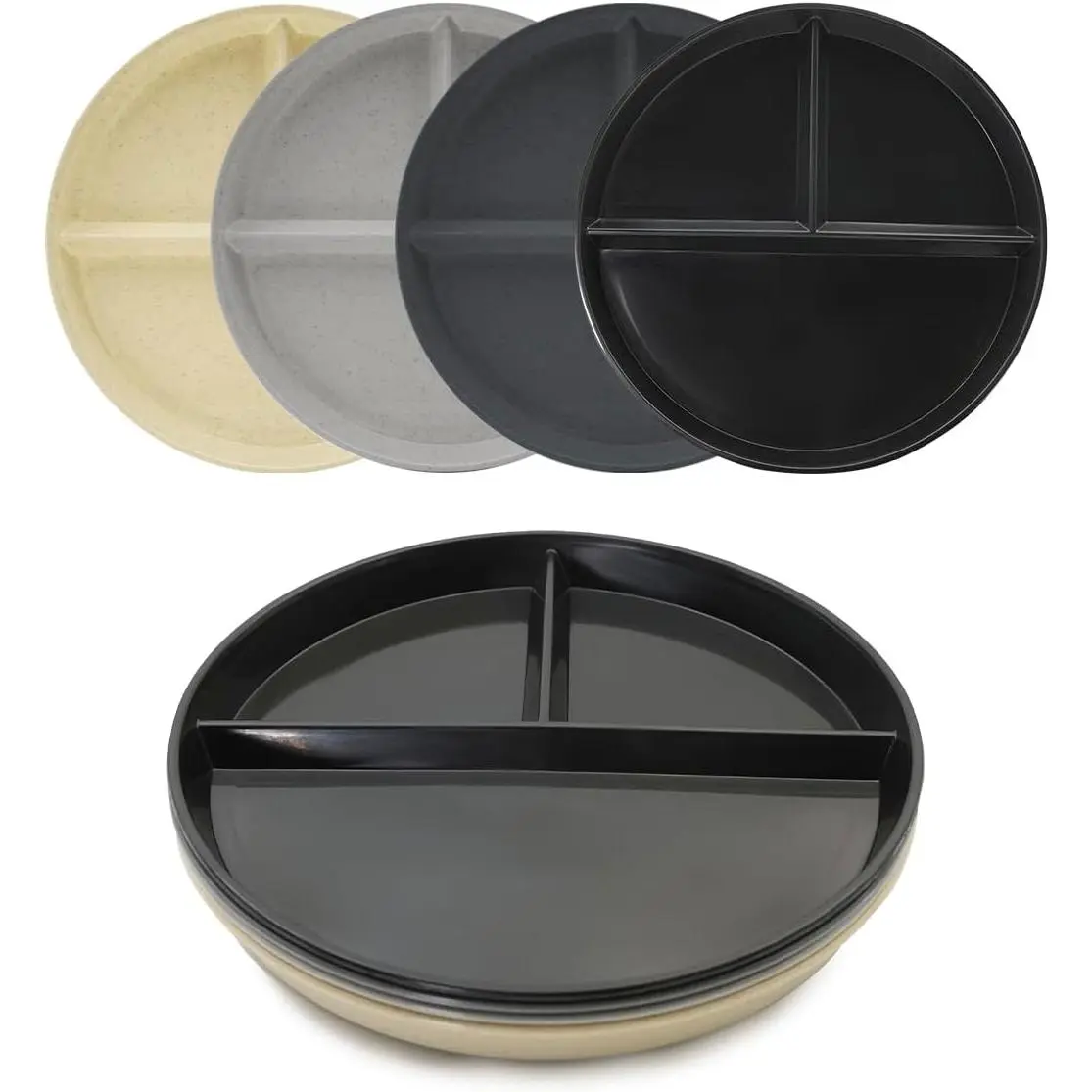 9" (4PCS) Unbreakable Divided Plates for  Adults:Dishwasher & Microwave Safe Compartment Plate, Lightweight  Plastic Portion Control Plates,  and