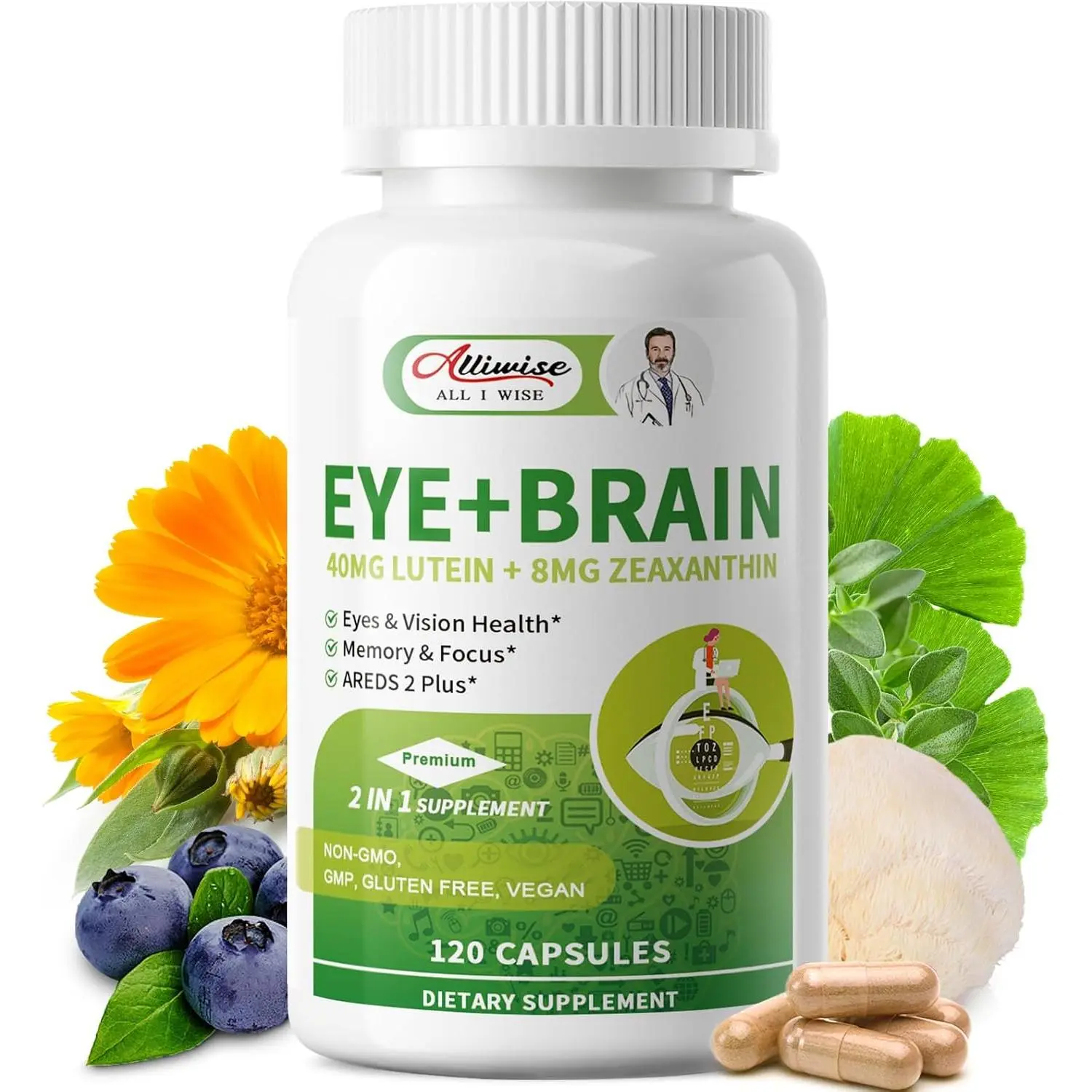Eye Brain Supplement for Memory and Focus 14 in 1 Eye Vitamins 120 Capsules | Dry Eye Relief, 40mg Lutein, Zeaxanthin, Bilberry, Ginkgo Biloba, Bacopa Monnieri, Lion's Mane, Eye Care for Adults & Seniors