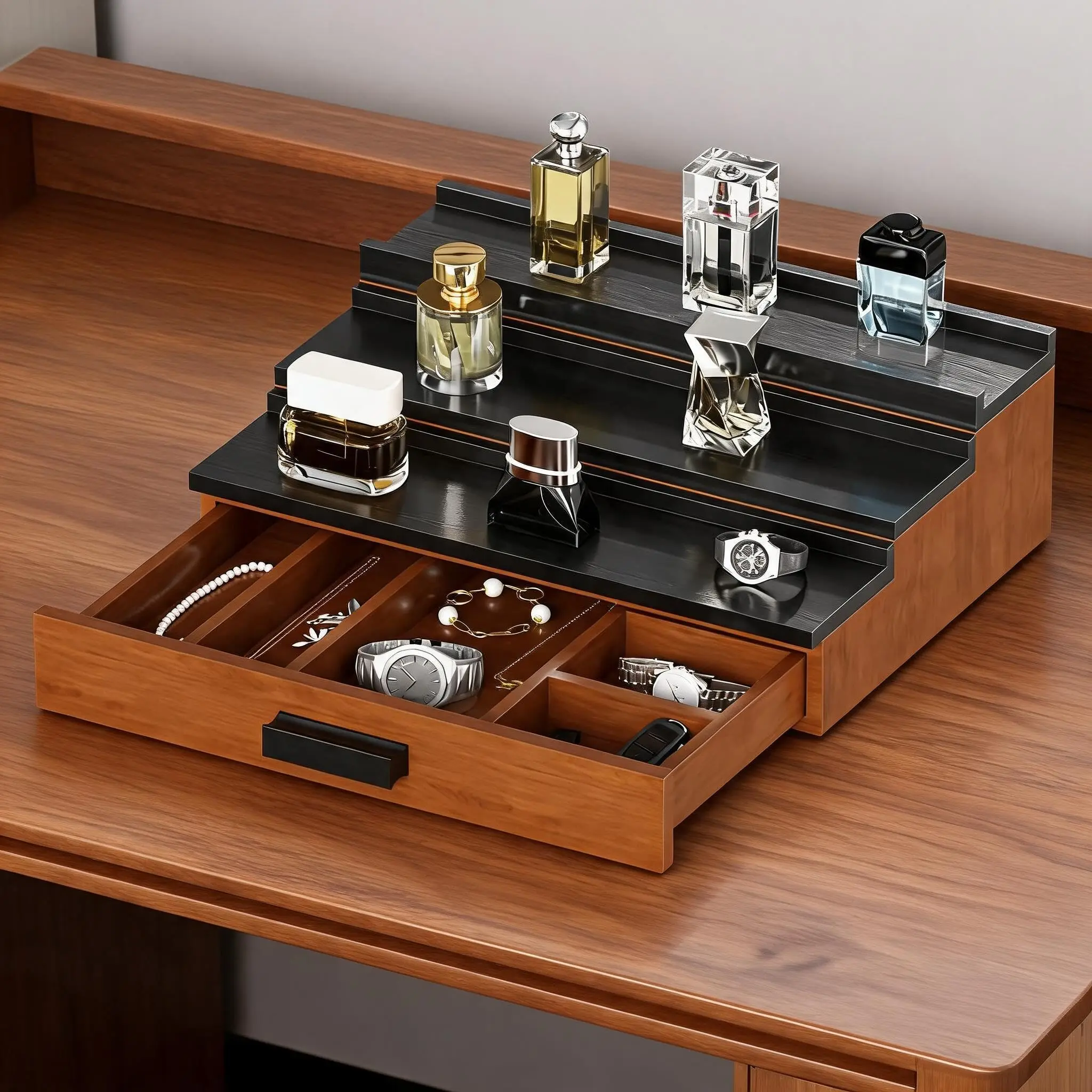 Wooden Cologne Organizer for Men, 3 Tier of Elevated Cologne Display Shelf, with Drawer & Hidden Compartment, Multi-Purpose Perfume, Watch & Jewelry Storage, for Watch, Jewelry, Great Gift