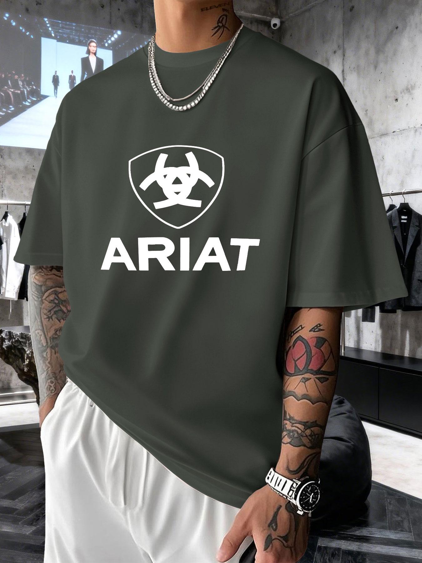 Men's Short Sleeve T-Shirt Summer Ariat Shield Logo Print, Western Cowboy Style Loose Fit Top, Casual Long Clothing for All Seasons