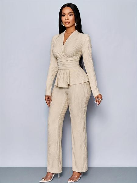 Women's Apricot Color Elegant V Neck Long Sleeve T-Shirt And Wide Leg Pants Two Piece Set, Asymmetrical Hem Two-Piece Outfits, Casual Daily Wear