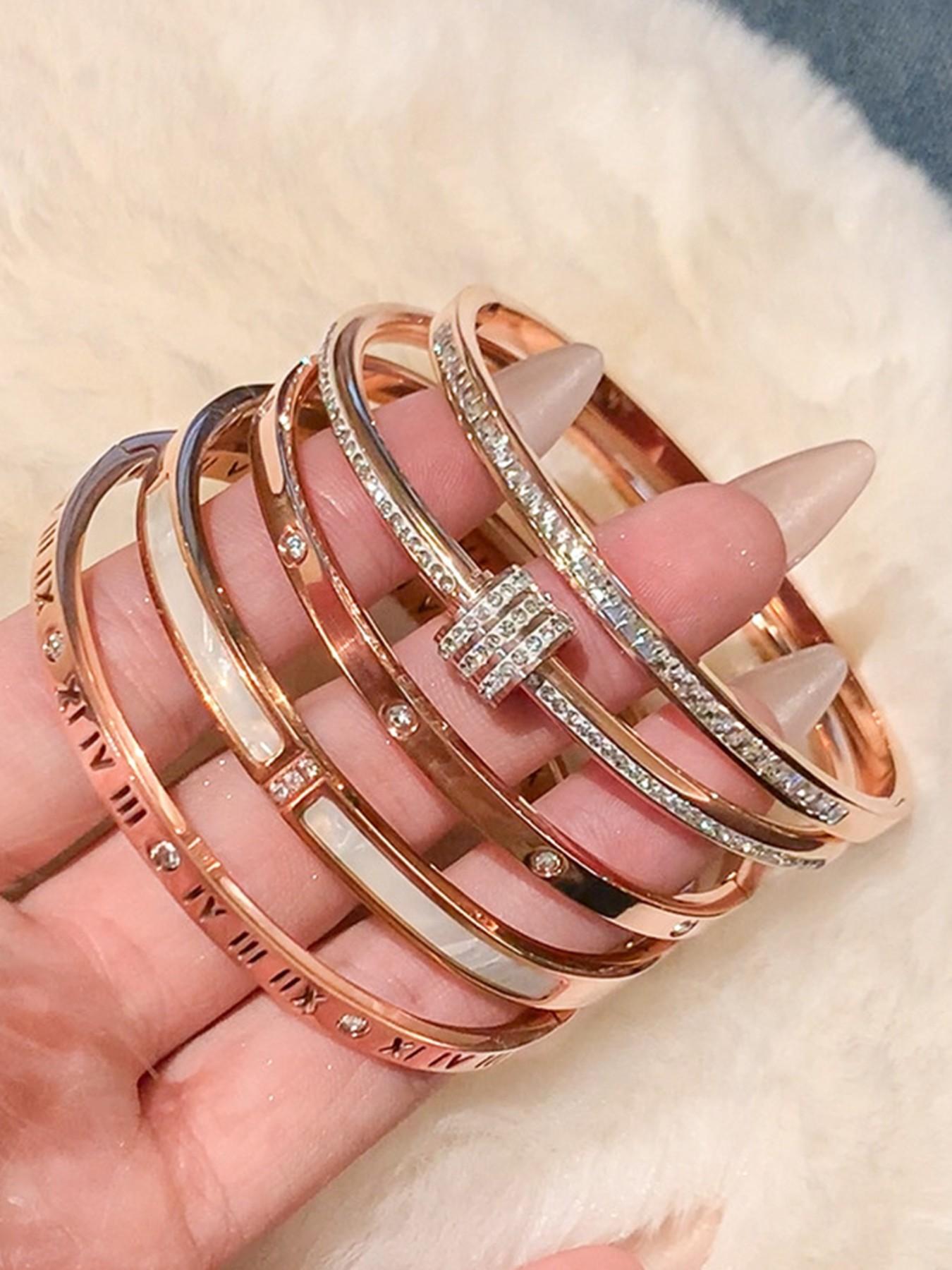 5-Piece Waterproof Titanium Steel Bracelet Set, Rhinestone Star Design, Plated, Versatile Style, Unisex Jewelry